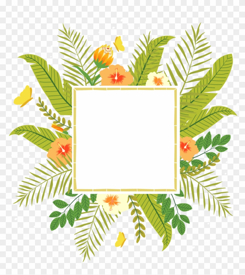 Tropical floral frame with hibiscus flowers, palm leaves, and yellow butterflies surrounding a blank white square.