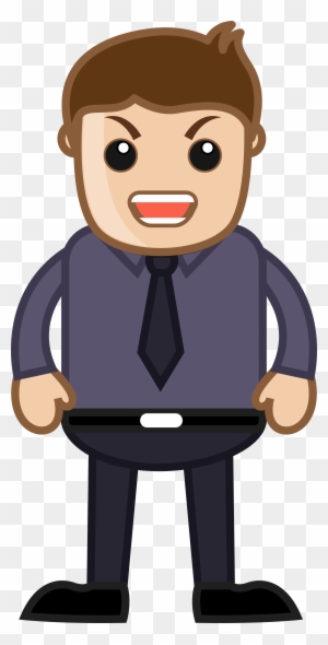 Angry cartoon businessman in suit and tie, hands on hips, glaring with clenched teeth.