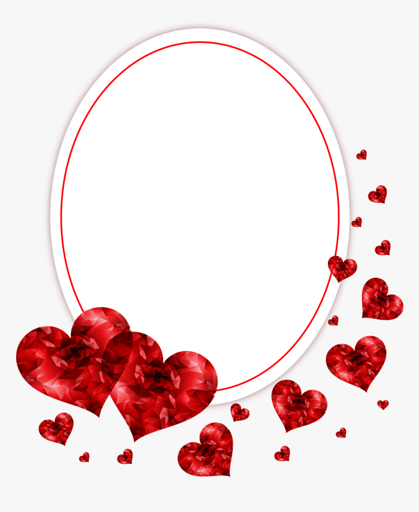 Red faceted heart decorations surrounding a white oval frame with red border, ideal for Valentine’s Day or romantic themes.