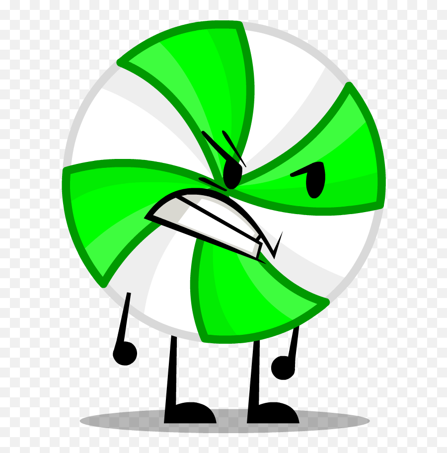 Angry green-and-white peppermint candy character with arms, legs, and expressive face.
