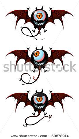 Three cartoonish eye-winged monsters with red bat-like wings and spooky expressions, stacked vertically on white background.