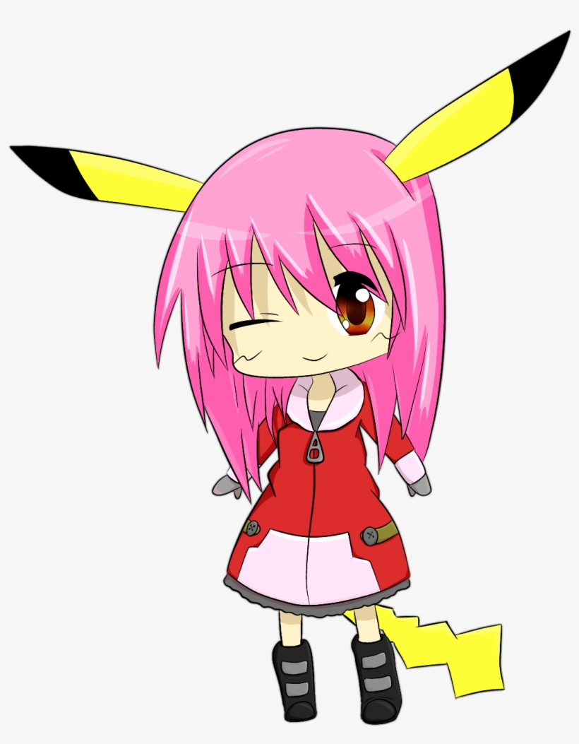 Chibi-style pink-haired girl with Pikachu ears and tail, winking in a red coat.