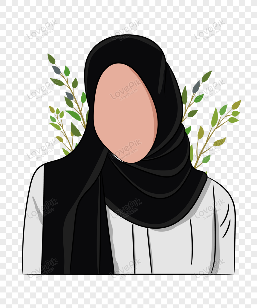 Illustration of a woman wearing a black hijab and white top, with green foliage in the background.