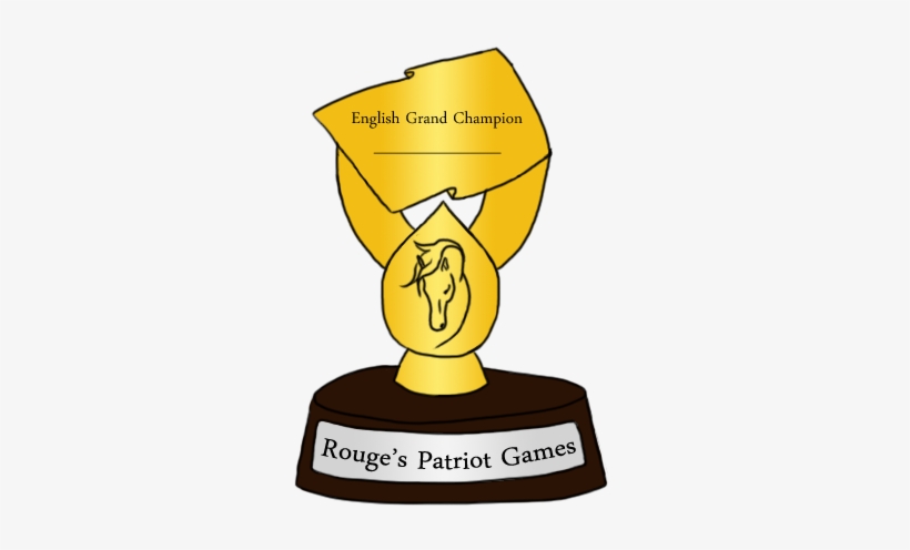 Golden trophy labeled "English Grand Champion" for Rouge’s Patriot Games, featuring a horse head emblem.