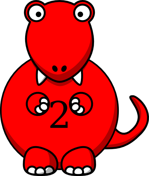 Red cartoon dinosaur with number 2 on belly, big eyes, and fangs, sitting upright.