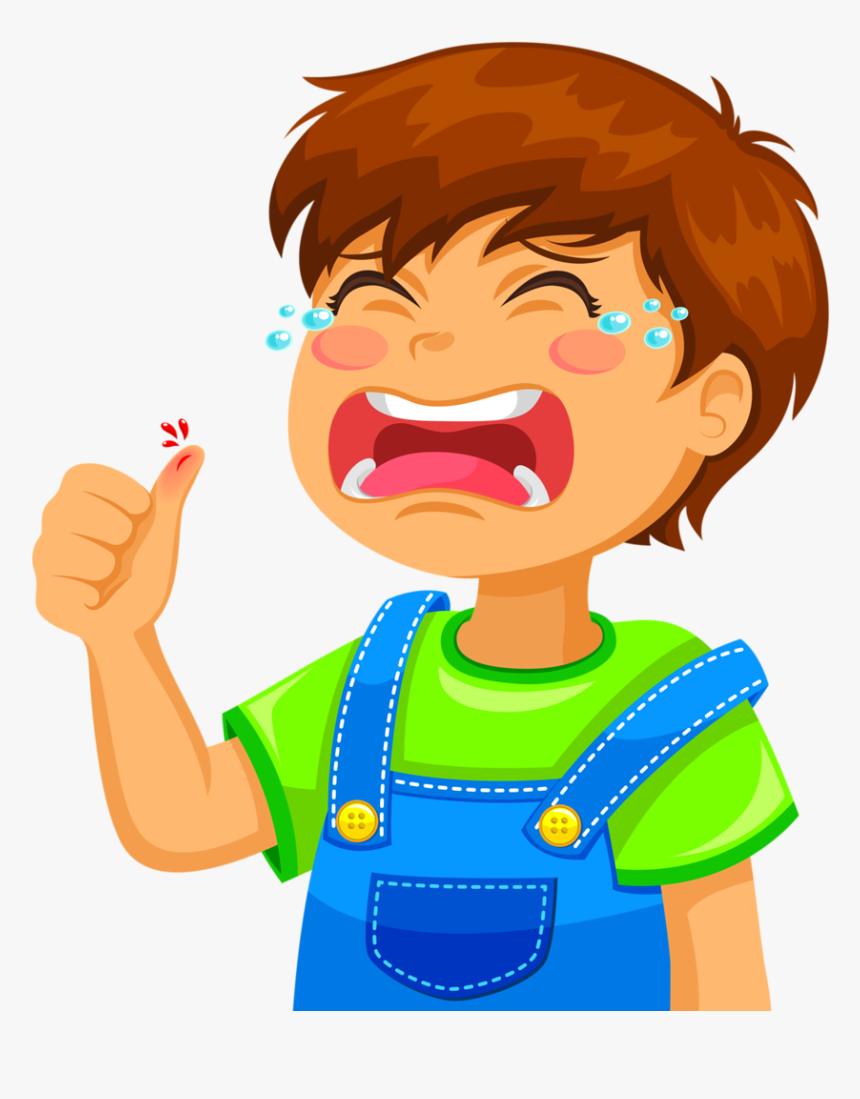 Crying cartoon boy showing injured thumb with blood, tears streaming, wearing green shirt and blue overalls.