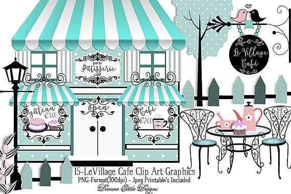 Charming French-style café clip art with striped awning, pastries, outdoor seating, and decorative signage.