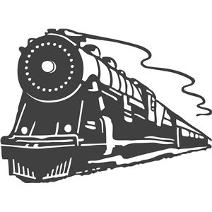 Black-and-white vintage steam locomotive in motion with smoke trail, stylized illustration.