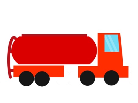 Red cartoon-style tanker truck with cylindrical tank, cab, and six wheels on white background.