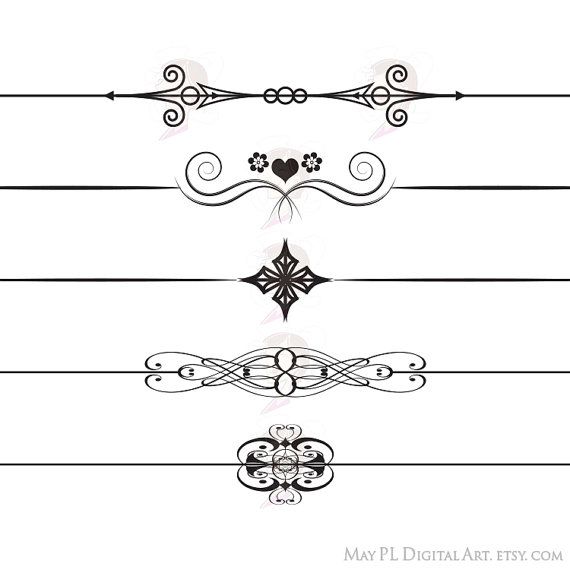 Five elegant black-and-white decorative dividers with swirls, hearts, and floral motifs for page embellishment.