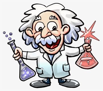 Cartoon scientist with wild hair, holding bubbling flask and explosive beaker, smiling enthusiastically.