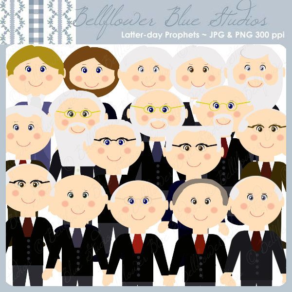 Cartoon-style illustrations of Latter-day Prophets in formal attire, smiling and grouped together.