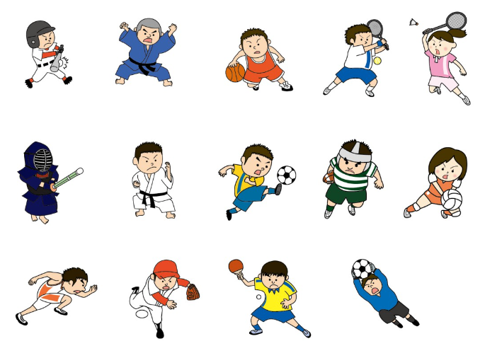 Cartoon children playing various sports including baseball, judo, basketball, tennis, kendo, soccer, volleyball, and table tennis.