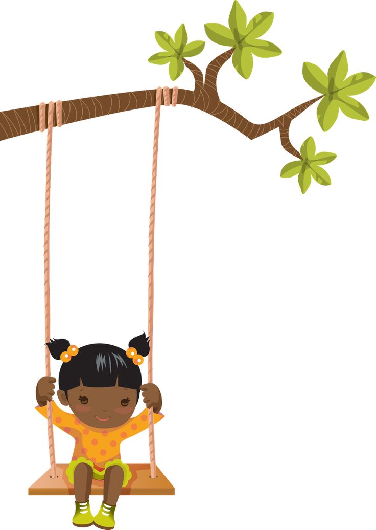 A smiling Black girl with pigtails sits on a wooden swing hanging from a leafy tree branch.