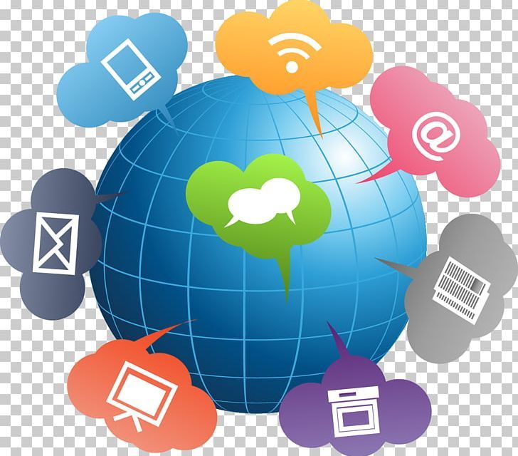 Blue globe with colorful cloud icons representing digital communication tools like email, Wi-Fi, chat, and devices.