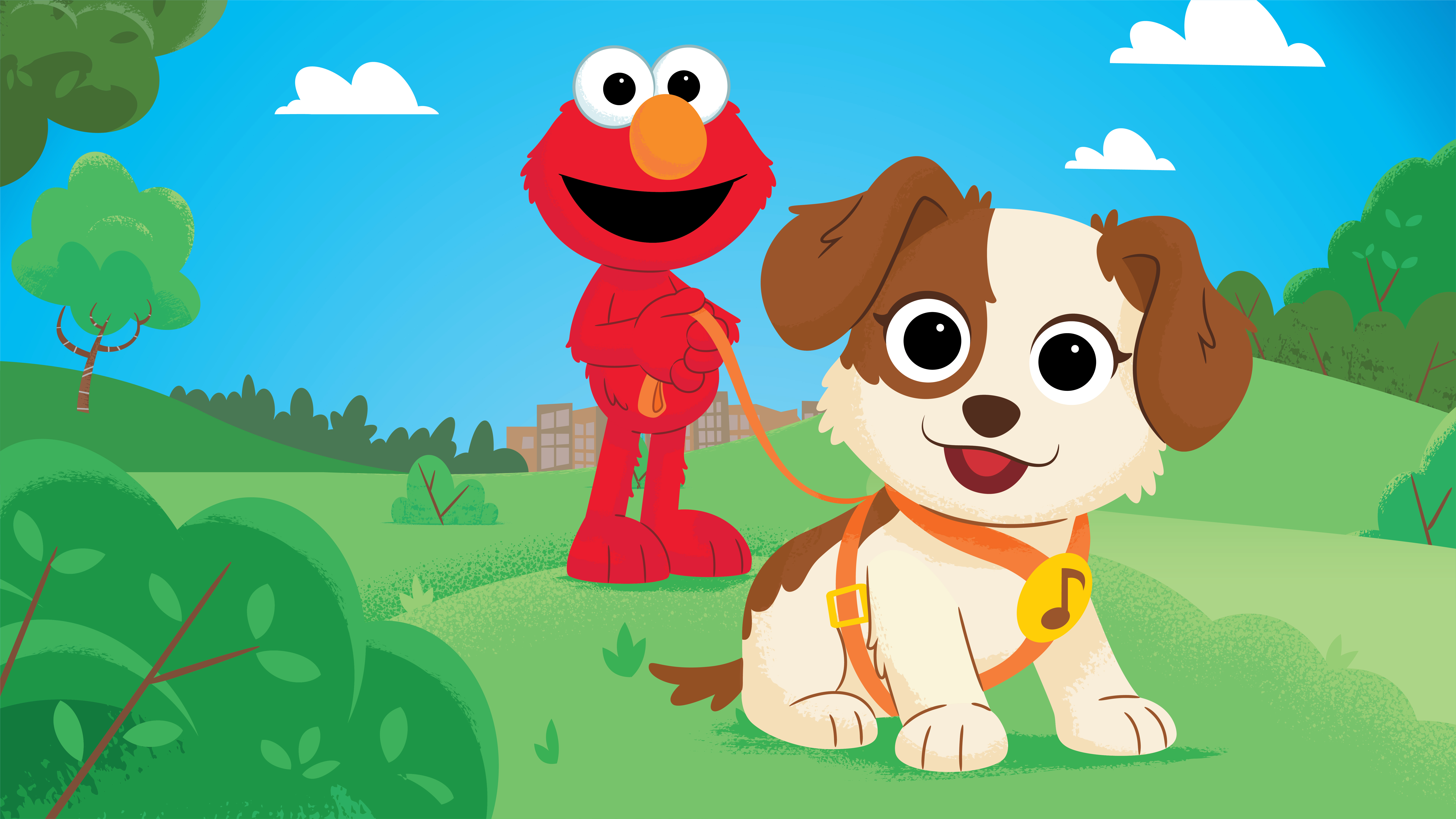 Elmo walks a happy brown-and-white puppy on an orange leash in a sunny park with green hills and trees.