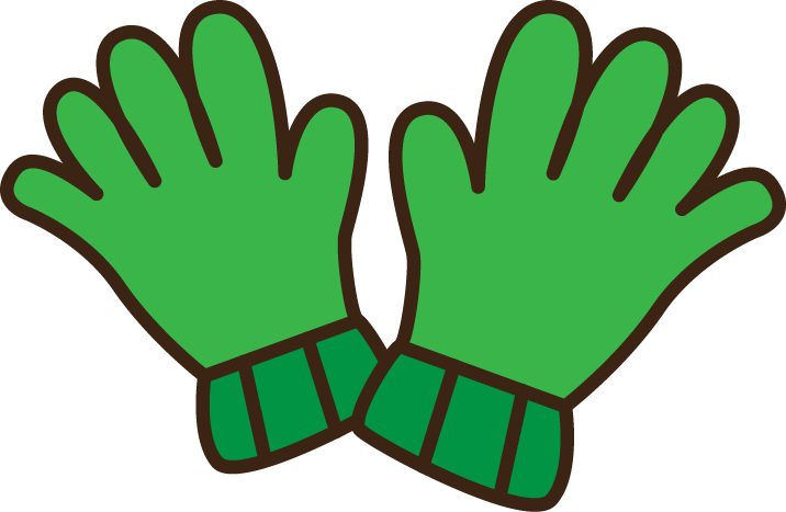 Pair of bright green cartoon-style gloves with brown outlines and striped cuffs, palms facing forward.