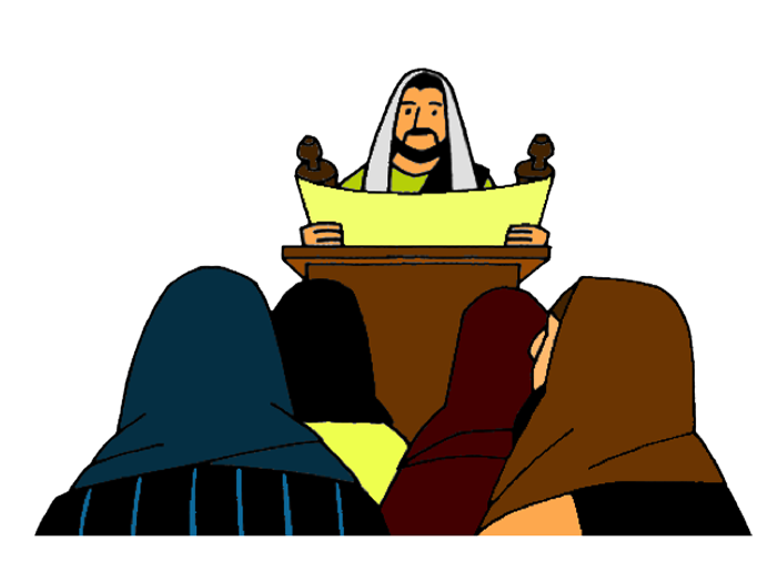 A bearded man in a white head covering reads from a scroll at a wooden podium before a group of veiled listeners.