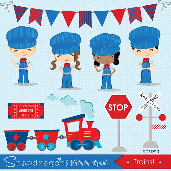 Cute cartoon train conductor kids, red/blue train, stop sign, railroad crossing, and bunting flags on polka-dot background.