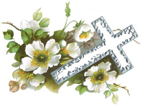 Silver ornate cross adorned with white blossoms and green leaves on a white background.