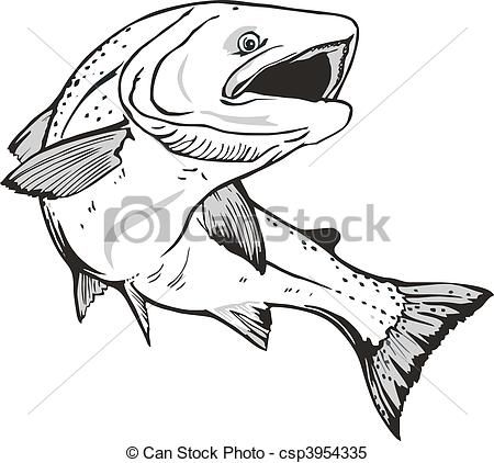 Black-and-white line drawing of a leaping salmon with open mouth and detailed scales and fins.