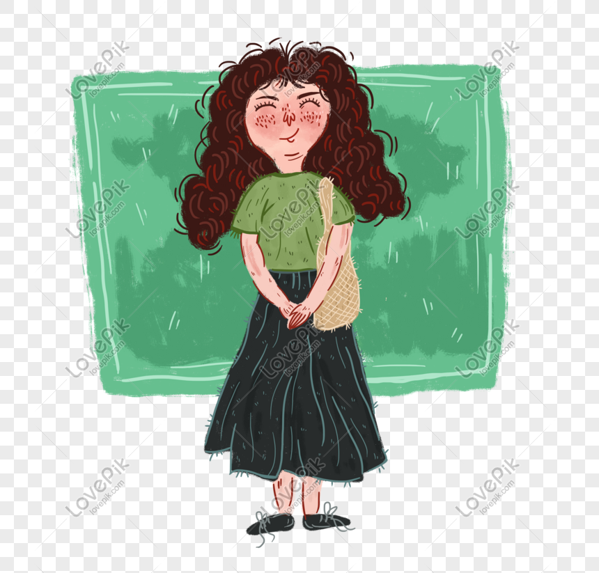 Whimsical Illustration of a Curly-Haired Girl in Casual Outfit