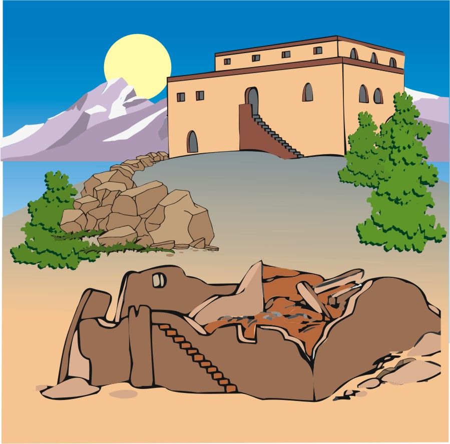 Ancient stone structure with intact upper building and collapsed lower ruins, set against mountains and sunlit desert landscape.