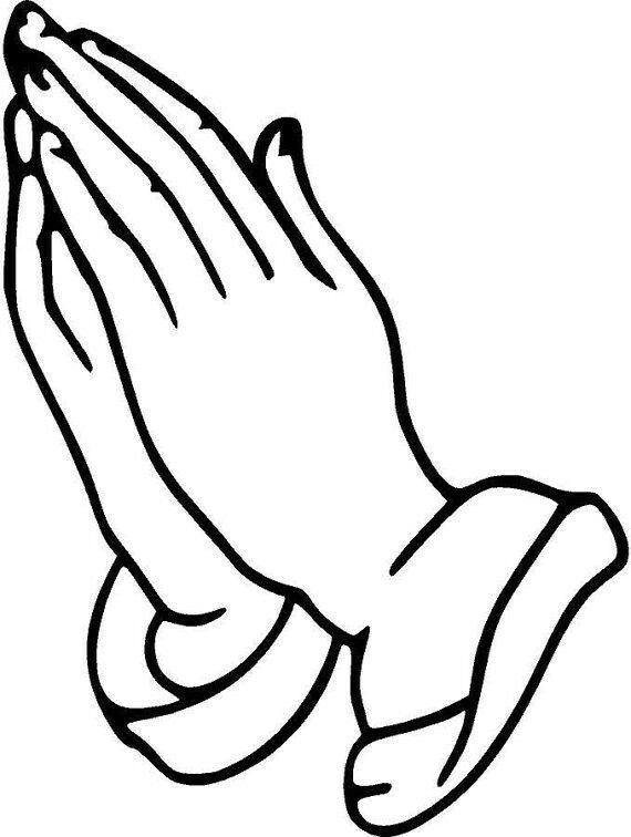 Line drawing of two hands clasped in prayer, palms together and fingers pointing upward.