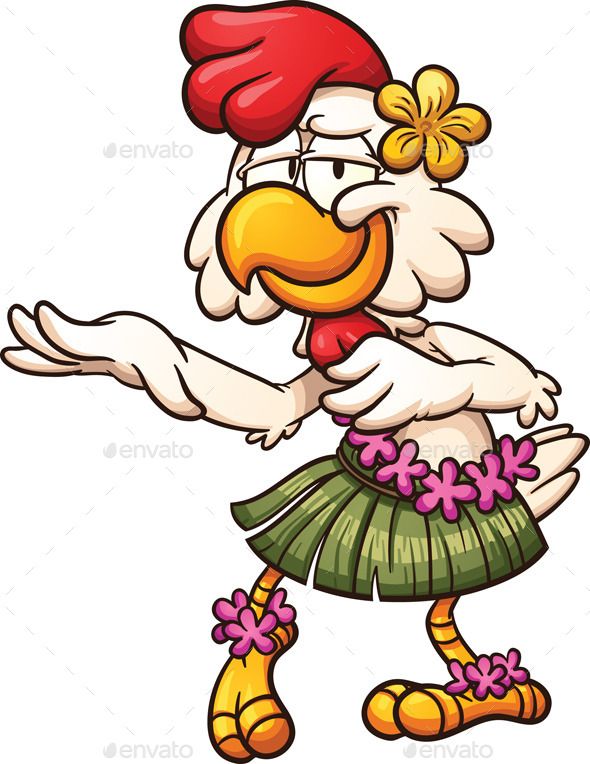Cartoon chicken in hula outfit with flower lei, grass skirt, and red comb dancing joyfully.
