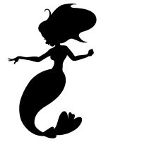 Black silhouette of a graceful mermaid with flowing hair and elegant tail pose.