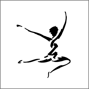 Silhouette of a dancer mid-leap with arms extended and one leg raised, captured in expressive black ink on white background.