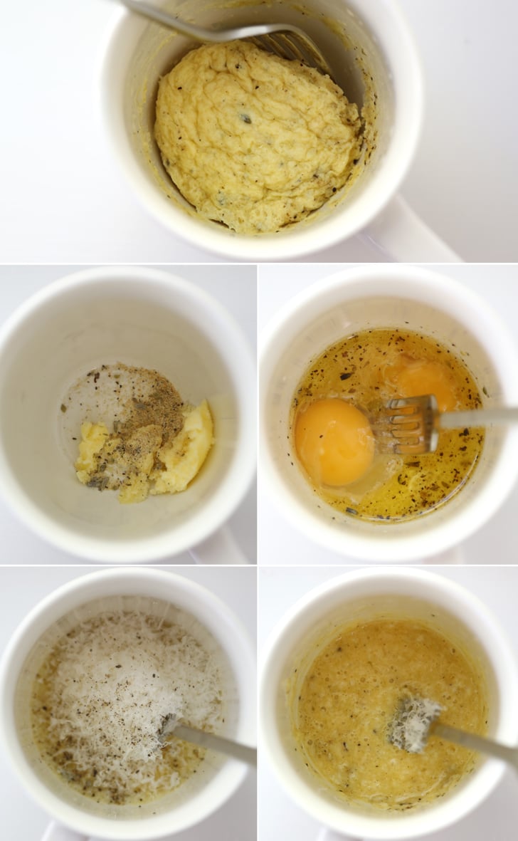 Step-by-step preparation of a microwave mug omelet with butter, egg, herbs, and cheese.