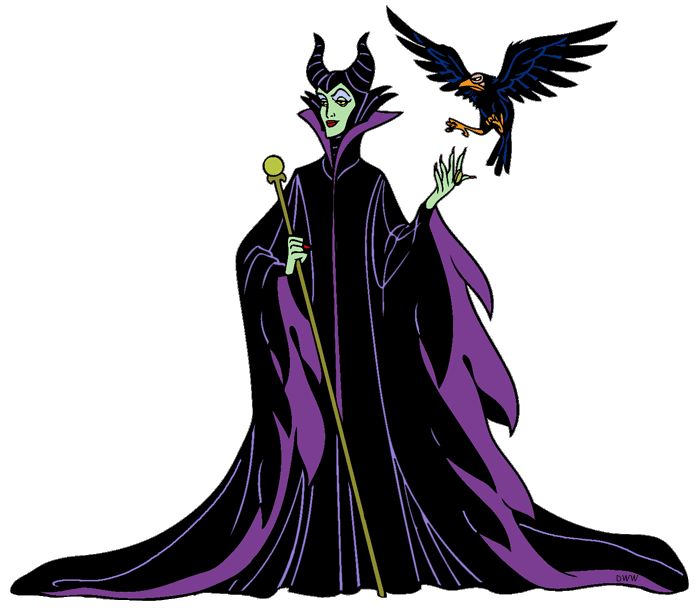Maleficent, Disney’s iconic green-skinned sorceress in black and purple robes, holding a staff with a raven perched nearby.