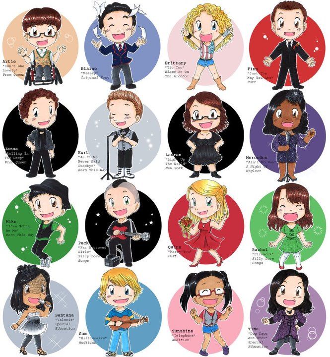 Chibi-style illustrations of 16 X Factor contestants with names, song titles, and colorful circular backgrounds.