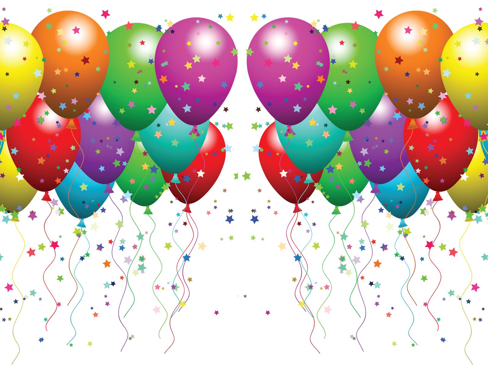 Colorful party balloons with star patterns and streamers against a white background.