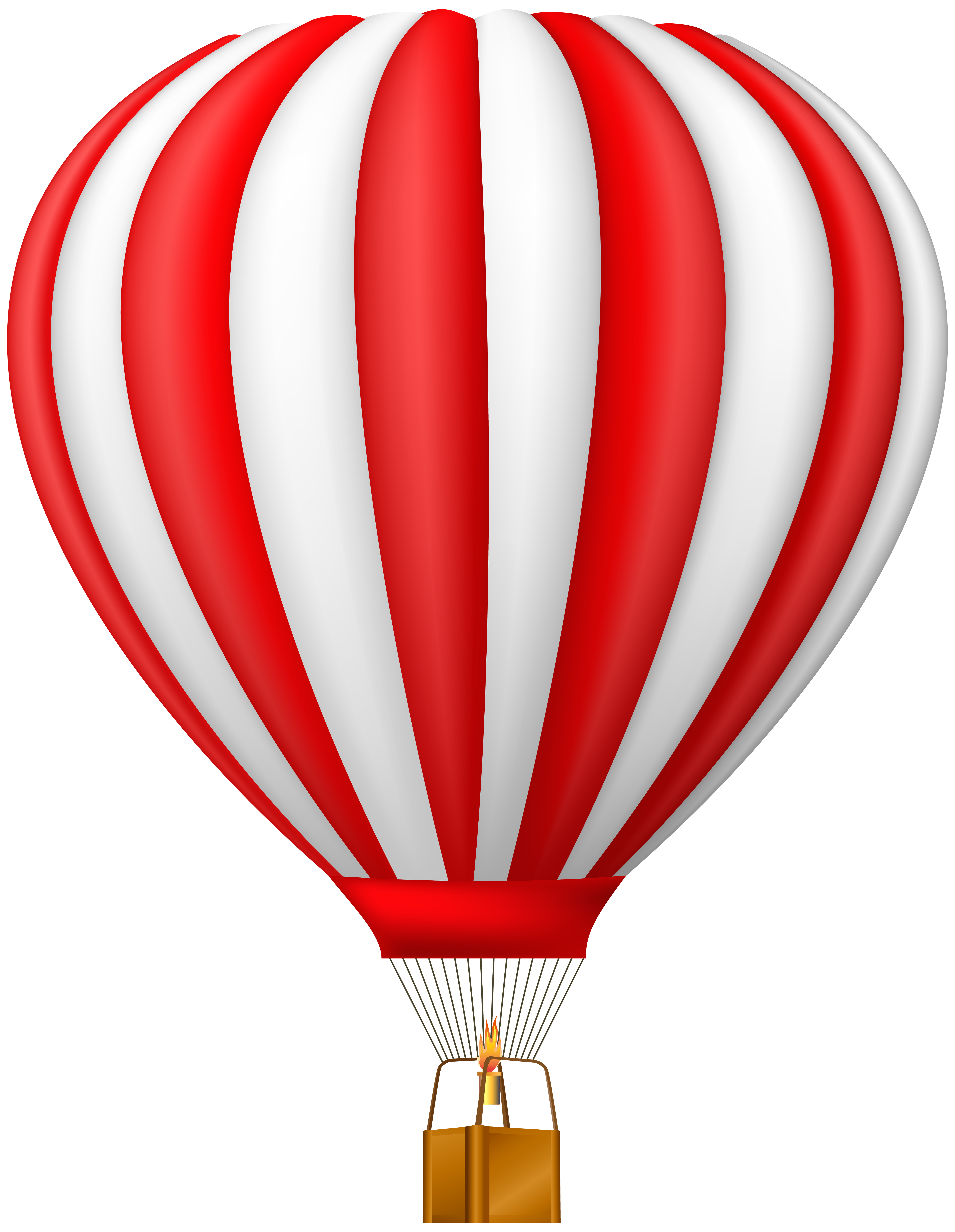 Red and white striped hot air balloon with visible burner flame and basket.