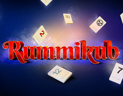 Rummikub logo with colorful tiles floating against a cosmic blue background.