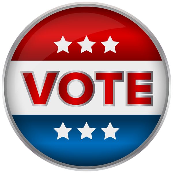 Red, white, and blue circular "VOTE" button with stars and metallic border.