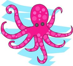 Bright pink cartoon octopus with white polka dots and eight waving tentacles against a light blue water-themed background.
