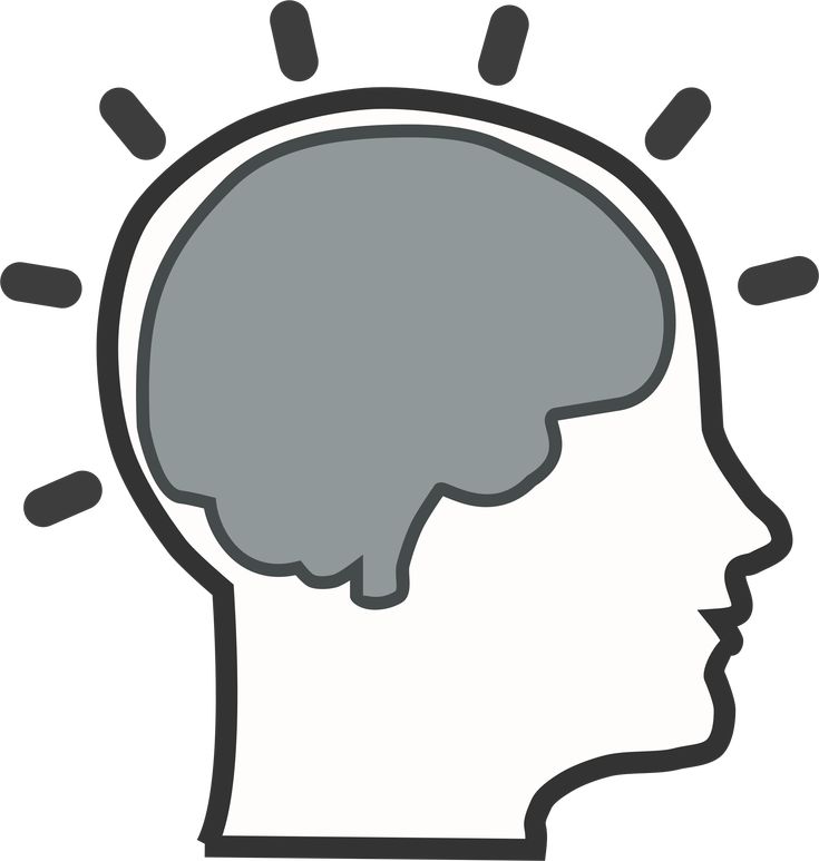 Silhouette of a human head in profile with a brain and light rays indicating an idea or insight.
