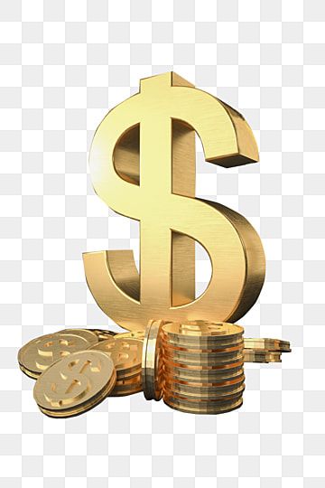 Golden 3D dollar sign with stacks of coins on transparent background, symbolizing wealth and finance.