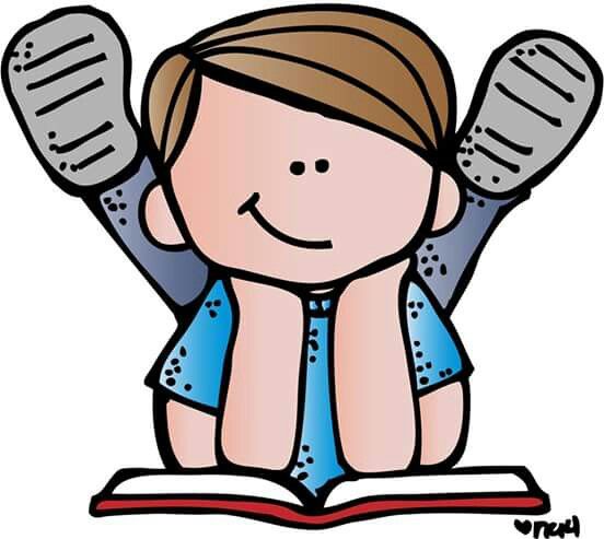 Happy cartoon child sitting on an open book with arms raised in excitement, wearing a blue shirt and tie.