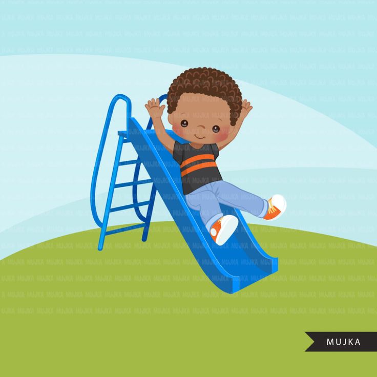 A joyful Black boy with curly hair slides down a blue playground slide, arms raised, wearing a striped shirt and jeans.