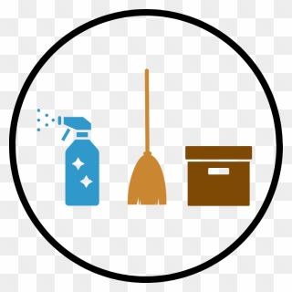 Cleaning tools icon: spray bottle, broom, and trash bin inside a black circle.