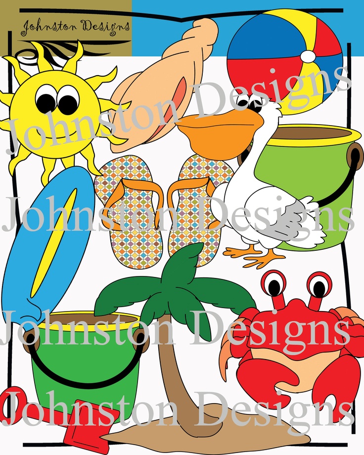 Cheerful beach-themed clipart with sun, pelican, crab, palm tree, bucket, flip-flops, surfboard, and beach ball.