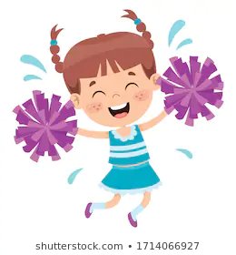 Joyful cartoon girl cheerleader with purple pom-poms, jumping and smiling.