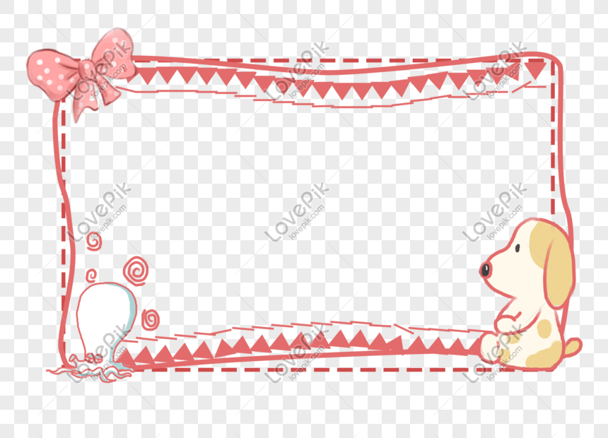Cute pink-bordered frame with bow, bunting, and cartoon puppy on transparent background.