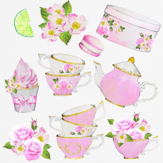 Watercolor illustration of pink floral tea party items including teacups, teapot, macaron, cupcake, roses, and lime slice.