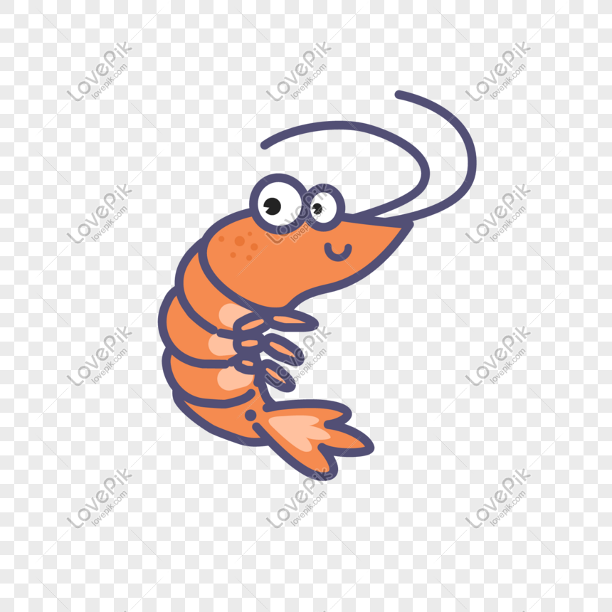 Cute cartoon shrimp with big eyes, orange body, and purple outline on transparent background.