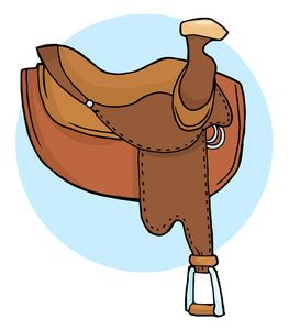 Illustrated Western-style horse saddle with leather seat, stirrup, and horn against light blue background.